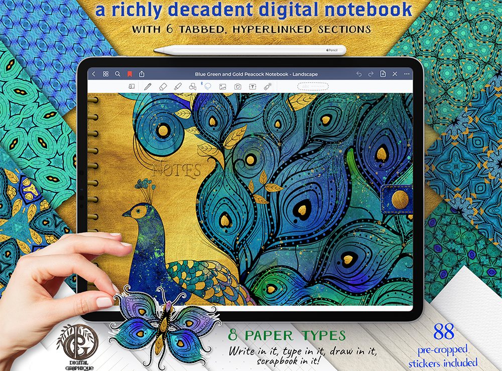 blue peacock notebook landscape, peacock stickers, digital stickers, digital peacock stickers, peacock stickers for goodnotes, peacock digital notebook, digital journal goodnotes