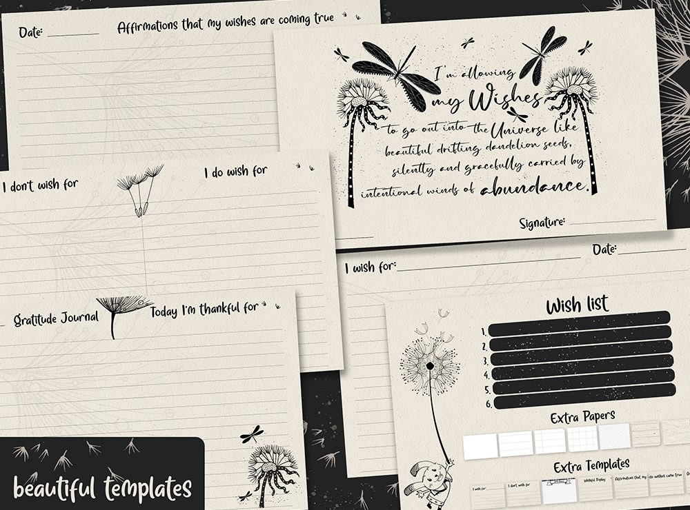 beautiful templates in wishes digital notebook, wishes law of attraction digital notebook black and white, law of attraction digital notebook, dandelion wishes digital notebook, law of attraction digital journal, digital graphique