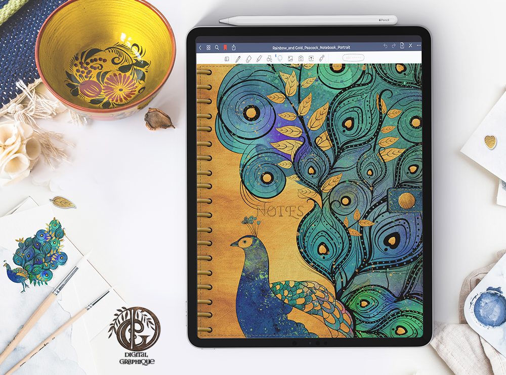 digital notebook, peacocks digital notebook, goodnotes diary, goodnotes journal, digital graphique, digital planners, lesley smitheringale