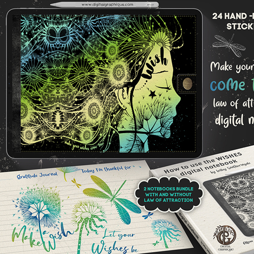 wishes goodnotes journal cool palette, wishes cool version of digital notebook, wishes law of attraction digital law of attraction digital notebook, dandelion wishes digital notebook, law of attraction digital journal, digital graphique