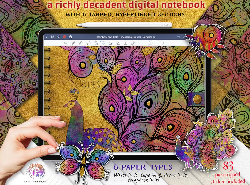 landscape rainbow peacock digital notebook, peacocks digital notebook, goodnotes diary, goodnotes journal, digital graphique, digital planners, lesley smitheringale