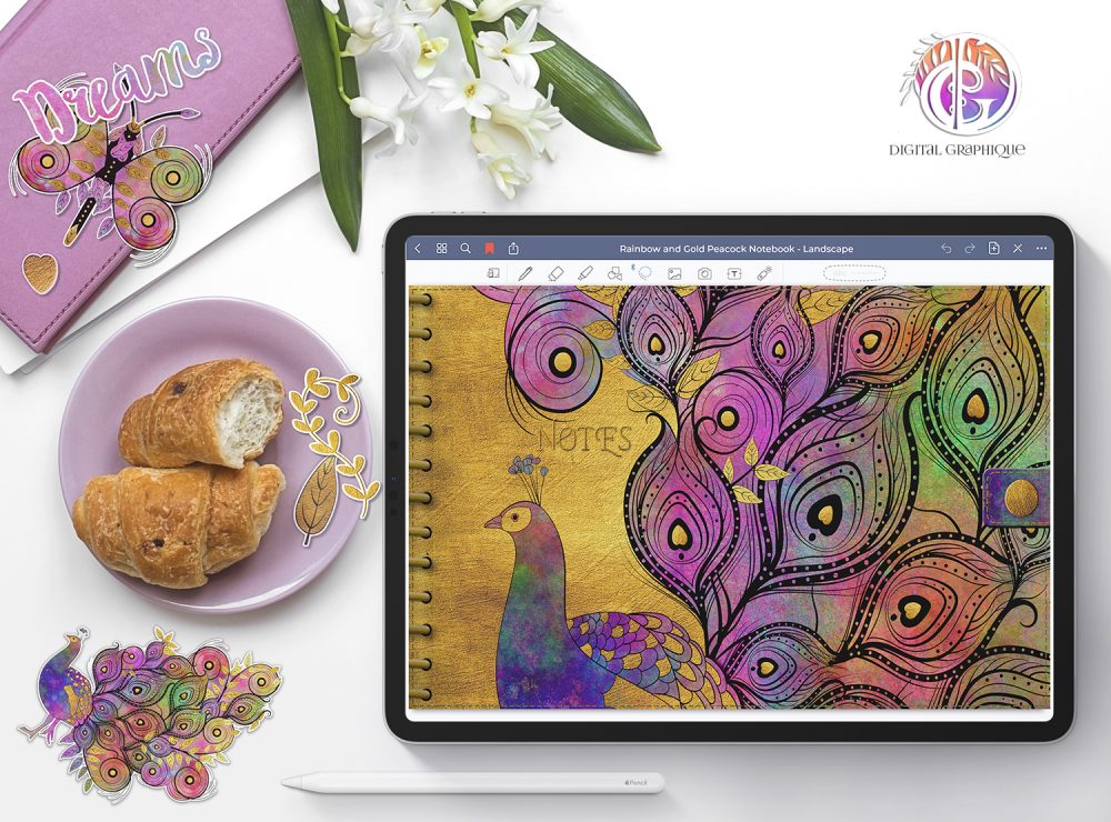 goodnotes journal landscape, rainbow peacock digital notebook, peacocks digital notebook, goodnotes diary, goodnotes journal, digital graphique, digital planners, lesley smitheringale