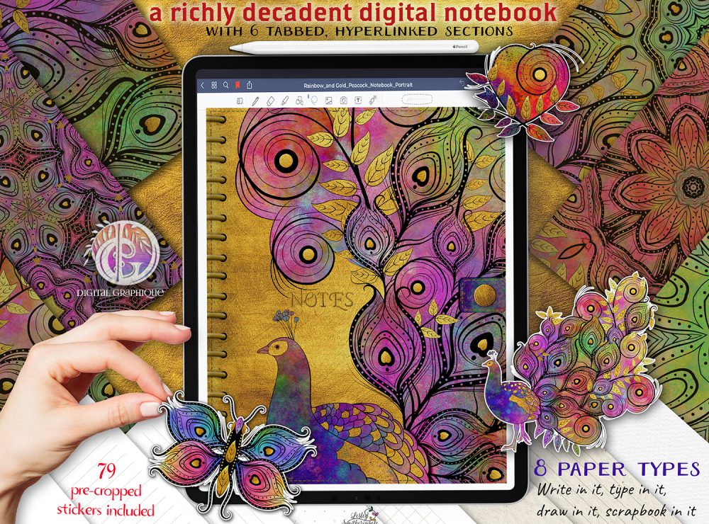 rainbow peacock digital notebook, peacocks digital notebook, goodnotes diary, goodnotes journal, digital graphique, digital planners, lesley smitheringale