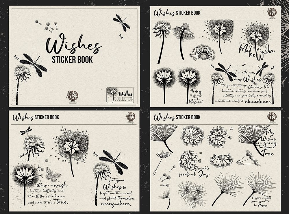wishes black and white digital stickers, stickers for goodnotes, wishes law of attraction digital notebook black and white, law of attraction digital notebook, dandelion wishes digital notebook, law of attraction digital journal, digital graphique
