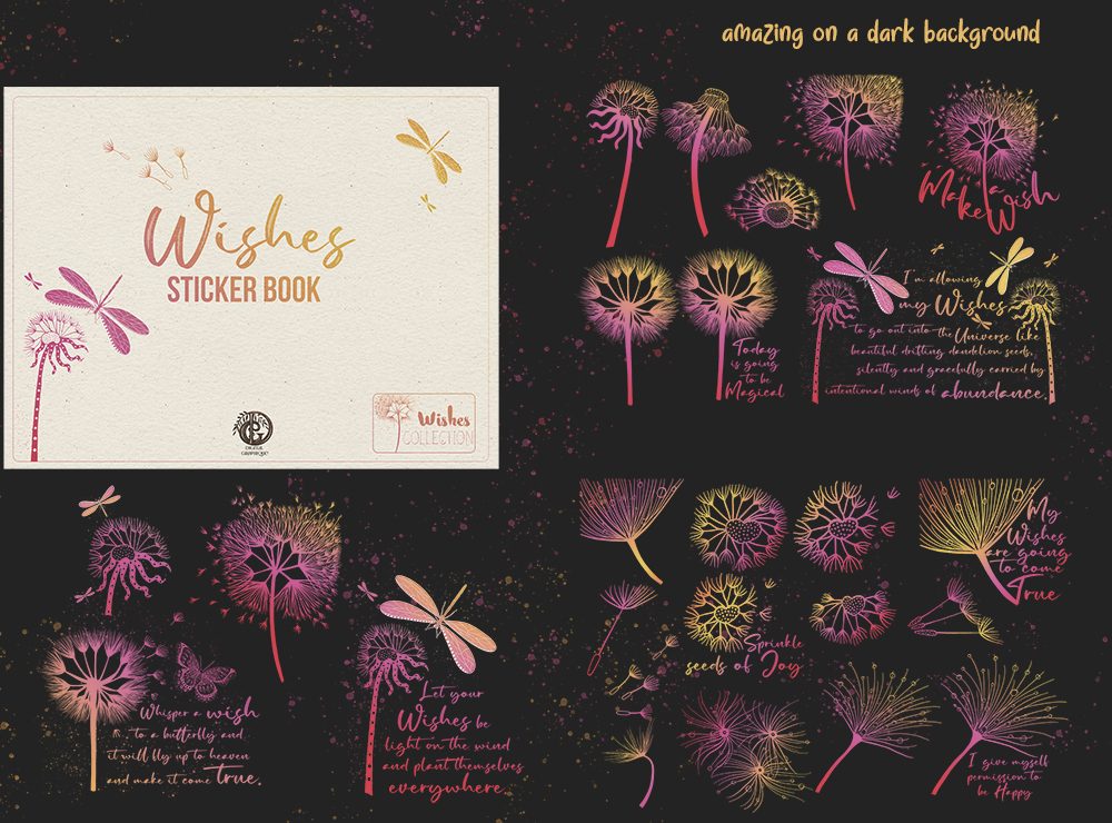 warm wishes dandelion stickers onto dark pages, wishes cool version of digital notebook, wishes law of attraction digital law of attraction digital notebook, dandelion wishes digital notebook, law of attraction digital journal, digital graphique