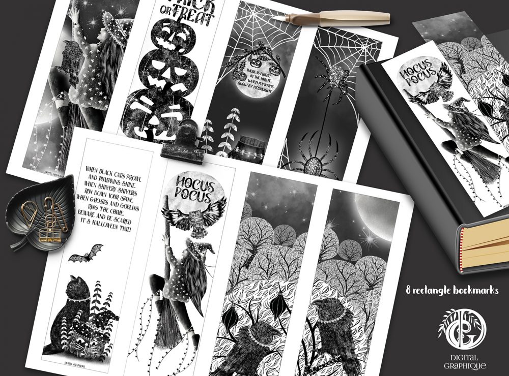 Halloween bookmarks with book, halloween printables,halloween tags,halloween templates,halloween party templates,halloween bookmarks,halloween treat bags,halloween gifts, digital graphique